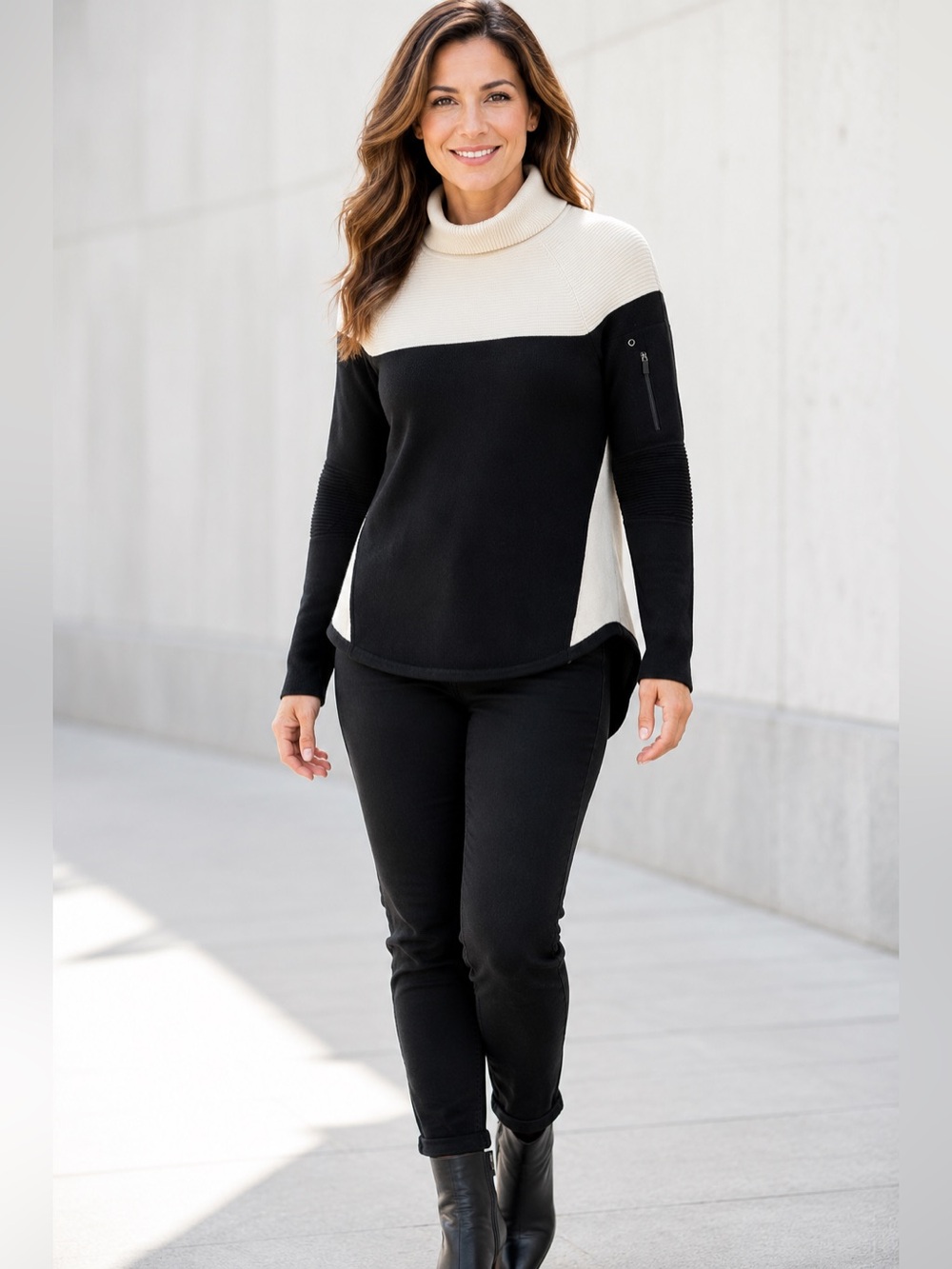 Talbots Petites Merino Wool Colorblock Moto Turtleneck Sweater SP